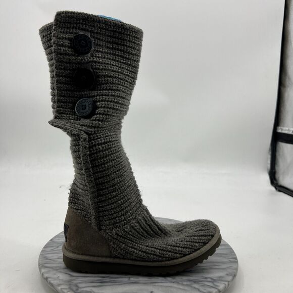 UGG Classic Cardy Boot Womens 7 Gray Wool Knit Tall Foldover Slouch Button - Picture 2 of 12